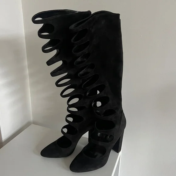 Saint Laurent black suede cut out cage Joplin 105 knee high boots - Picture 3 of 16
